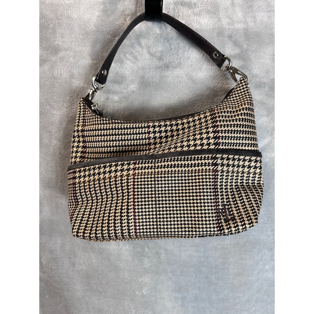 Lauren Ralph Lauren Y2K Houndstooth Hobo Shoulder Bag Tan Black Burgundy - Picture 3 of 10